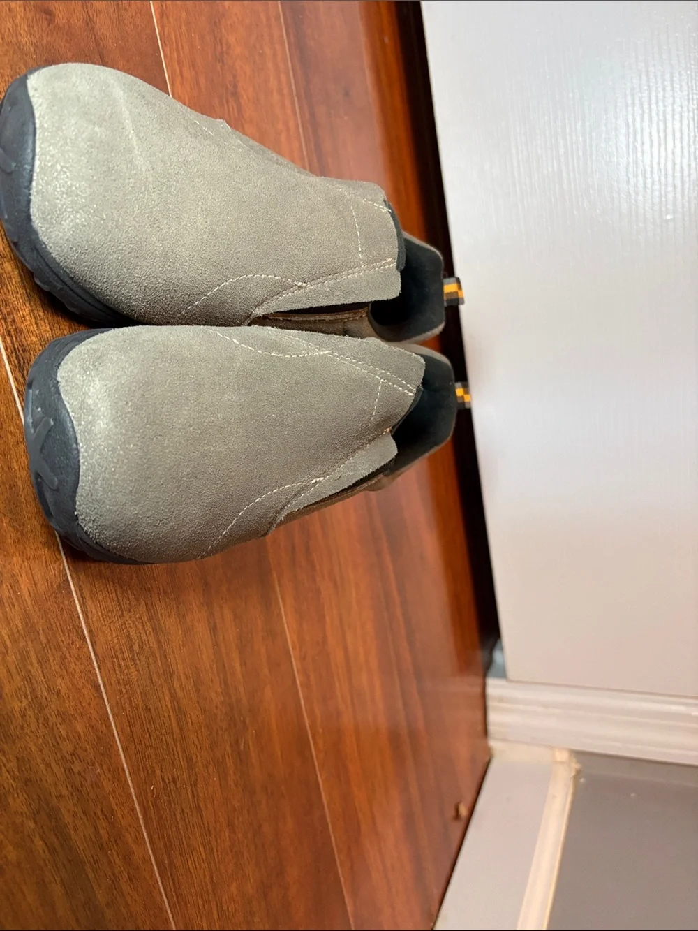 Merrell Men’s Gray Suede Slip-On Shoes with Yellow Heel Tabs